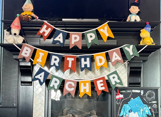 Personalized Happy Birthday Banner with Name - Custom Fabric Garland for Kids Birthday Party - Reusable Nursery or Party Decor