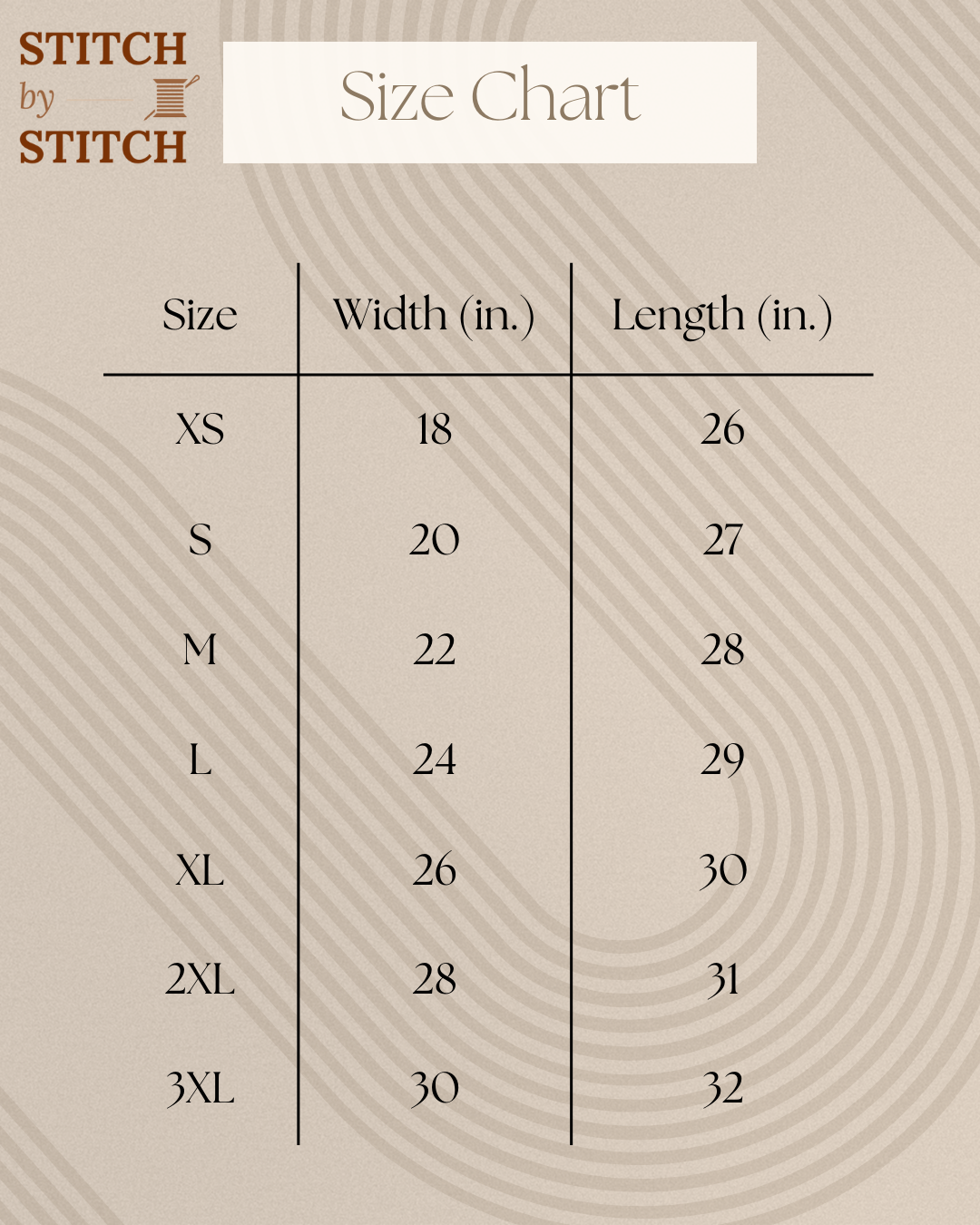 Sweatshirt size chart listing sizes XS (18" width, 26" length), S(20" width, 27" length), M(22" width, 28" length), L(24" width, 29" length), XL,(26" width, 30" length) 2XL(28" width, 31" length), and 3XL (30" width, 32" length).